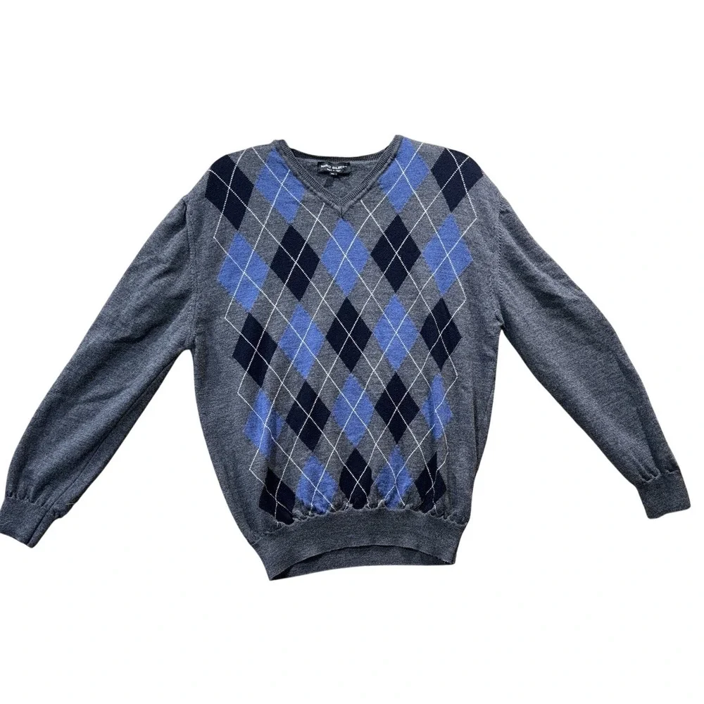 Mario Gilberti‎ Mens XL Argyle V-Neck Sweater 100% Extrafine Merino Wool Italy